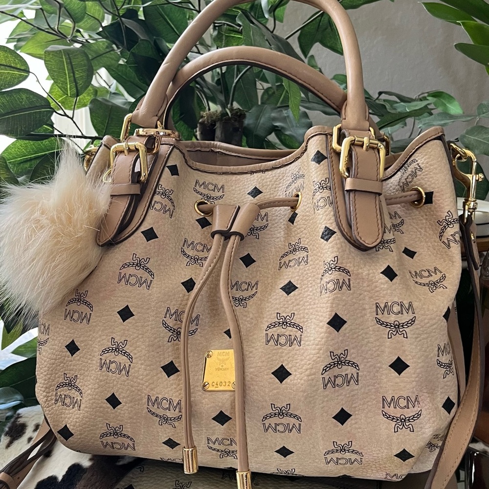MCM Tan drawstring bag with Iconic Visetos Print